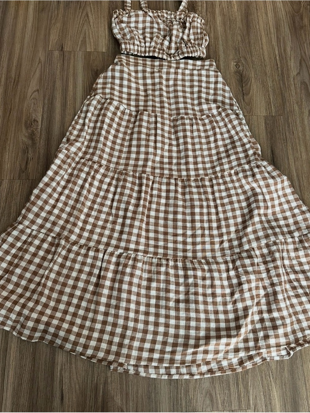 Gingham Tiered Maxi Skirt in Brown and White